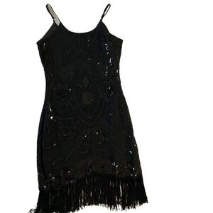 Verty Black Sequined Fringe Hem Sleeveless Spaghetti Straps Flapper Dress Medium